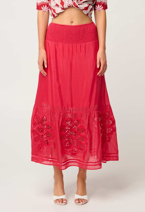Cordelia Shirred Waist Silk Cotton Skirt in Ruby