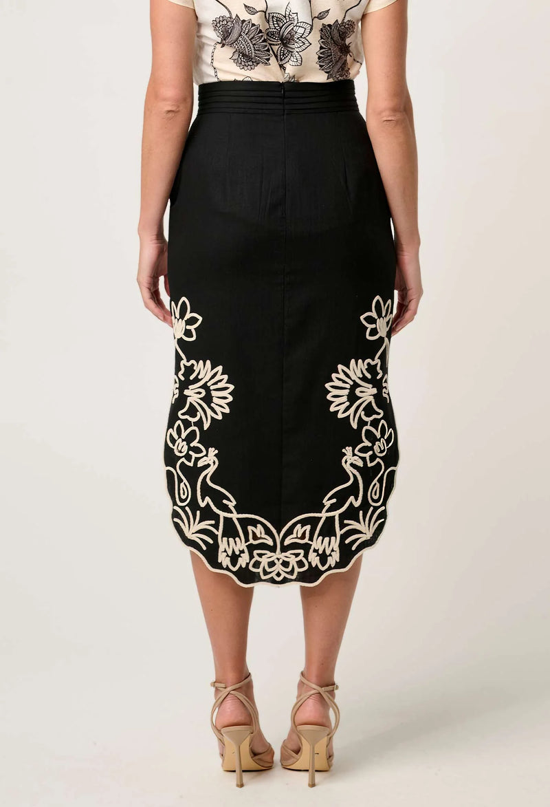 Cascadia Embroidered Linen Viscose Midi Skirt in Black
