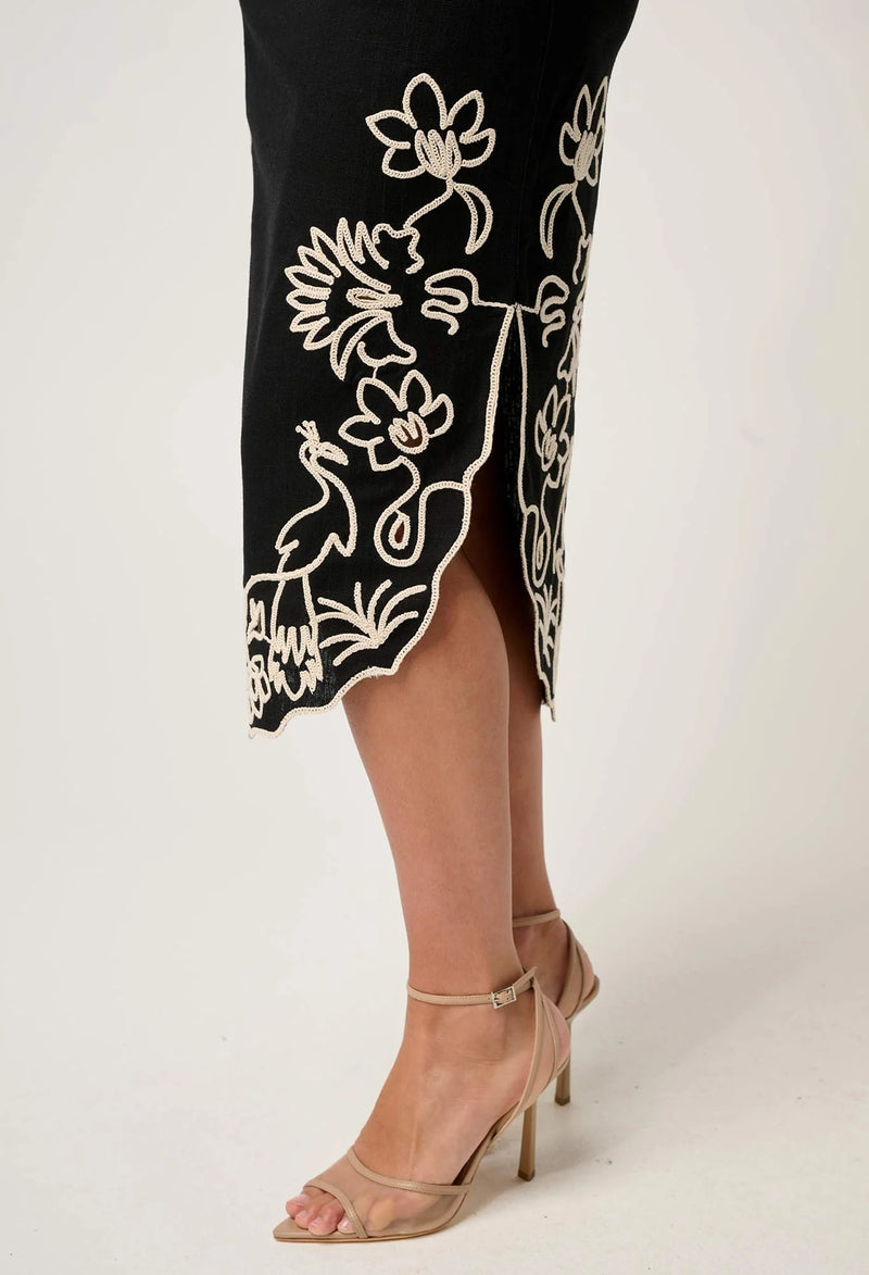 Cascadia Embroidered Linen Viscose Midi Skirt in Black