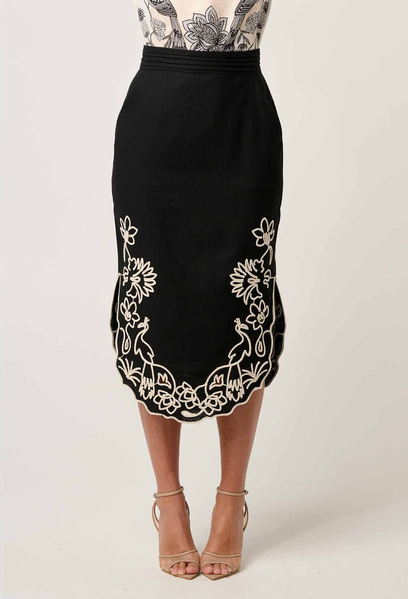 Cascadia Embroidered Linen Viscose Midi Skirt in Black