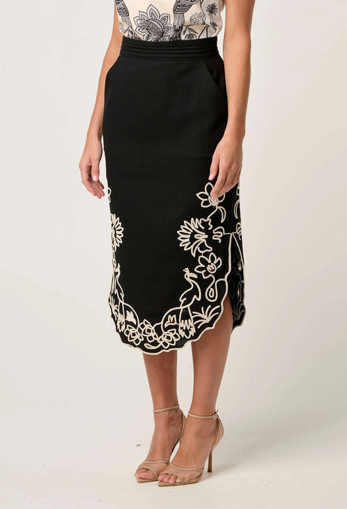Cascadia Embroidered Linen Viscose Midi Skirt in Black
