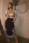 Cascadia Embroidered Linen Viscose Midi Skirt in Black