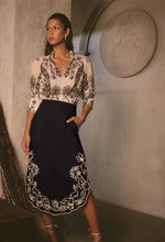 Cascadia Embroidered Linen Viscose Midi Skirt in Black
