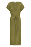 Green textured dress with a belt on a white background