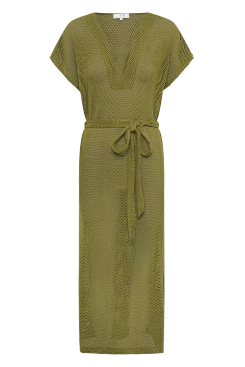 Green textured dress with a belt on a white background