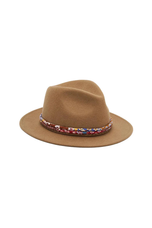 Brown hat with a colorful band on a white background