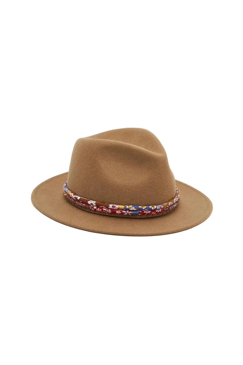 Brown hat with a colorful band on a white background