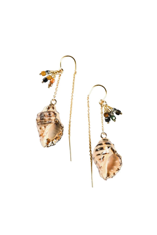 Pair of gold shell earrings with green accents on a white background
