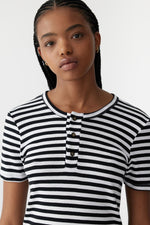 Stripe Rib Placket S/S T.Shirt Black/White