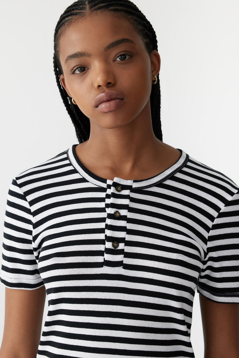 Stripe Rib Placket S/S T.Shirt Black/White