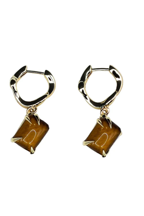 Gold hoop earrings with brown square stones on a white background