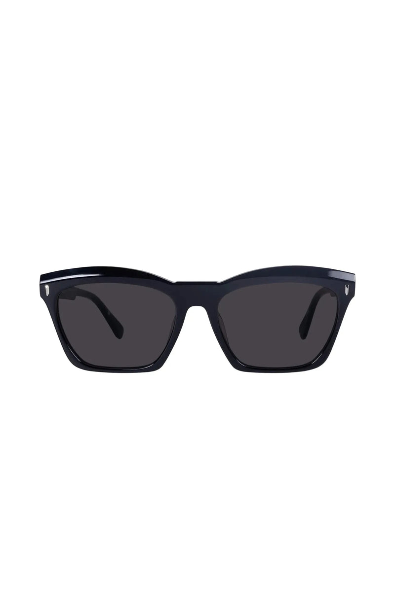 Black sunglasses with dark lenses on a white background