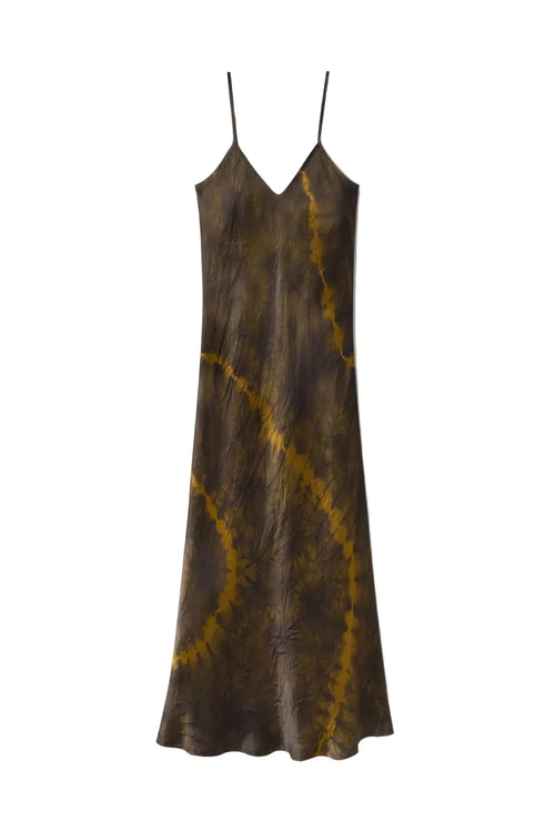 Brown tie-dye slip dress on a white background