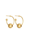 Gold hoop earrings with spherical ends on a white background