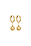 Gold hoop earrings with spherical charms on a white background