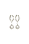 Silver hoop earrings with pearl-like drop charms on a white background