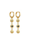 Gold hoop earrings with dangling gemstones on a white background