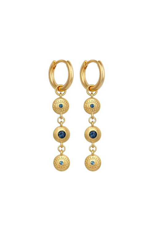 Gold hoop earrings with dangling gemstones on a white background