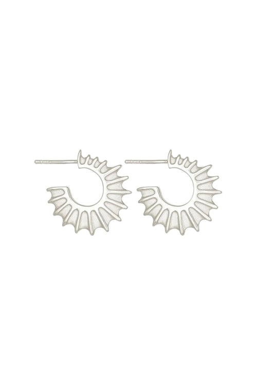 Pair of silver sun-shaped earrings on a white background