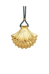 Gold scallop shell pendant on a blue cord against a white background