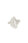 Silver shell-shaped ring on a white background