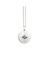 Silver necklace with a round pendant featuring a blue gemstone on a white background