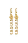 Gold earrings with circular designs and chain tassels on a white background