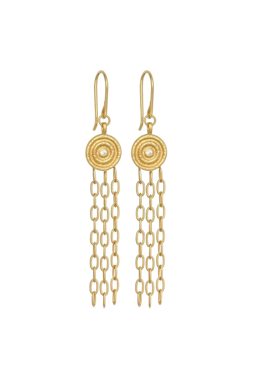 Gold earrings with circular designs and chain tassels on a white background
