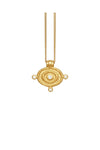 Gold necklace with a circular pendant on a white background