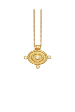 Gold necklace with a circular pendant on a white background