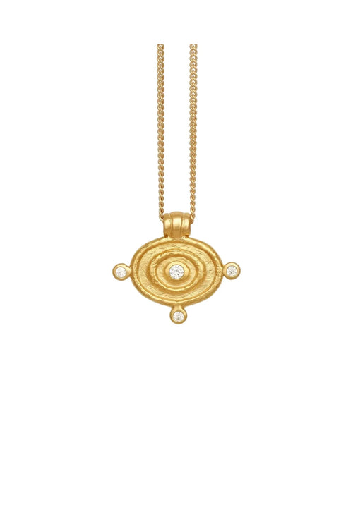 Gold necklace with a circular pendant on a white background