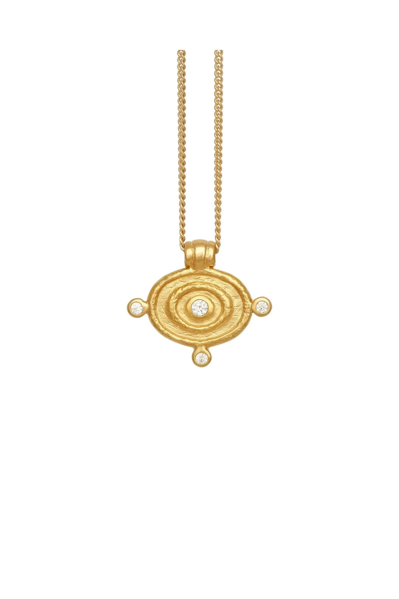 Gold necklace with a circular pendant on a white background