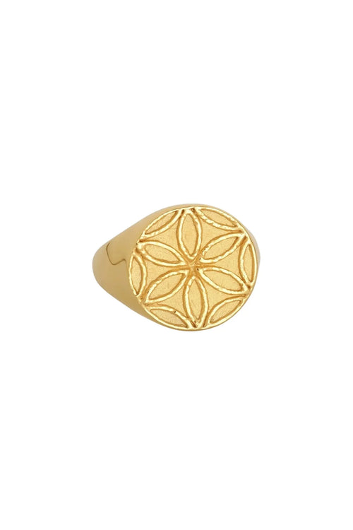 Gold ring with a floral pattern on a white background