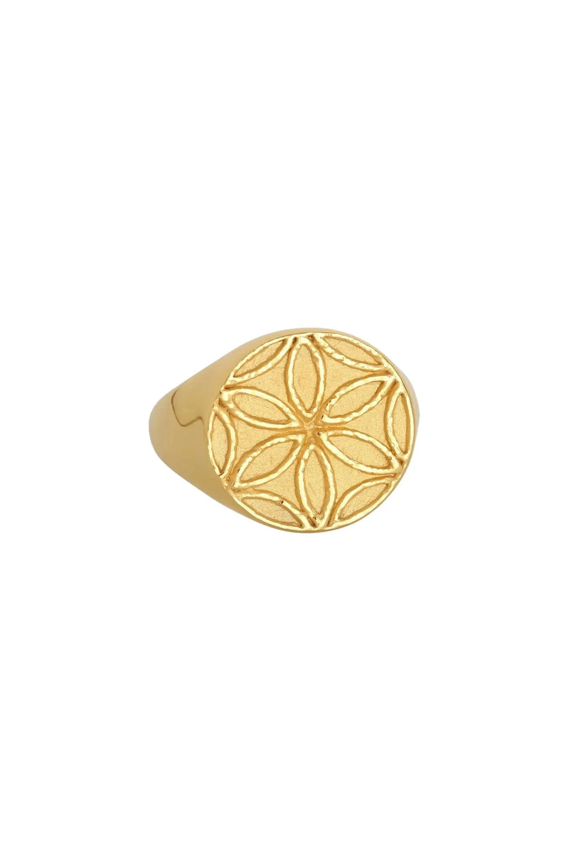 Gold ring with a floral pattern on a white background