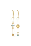 Gold earrings with blue gemstones on a white background