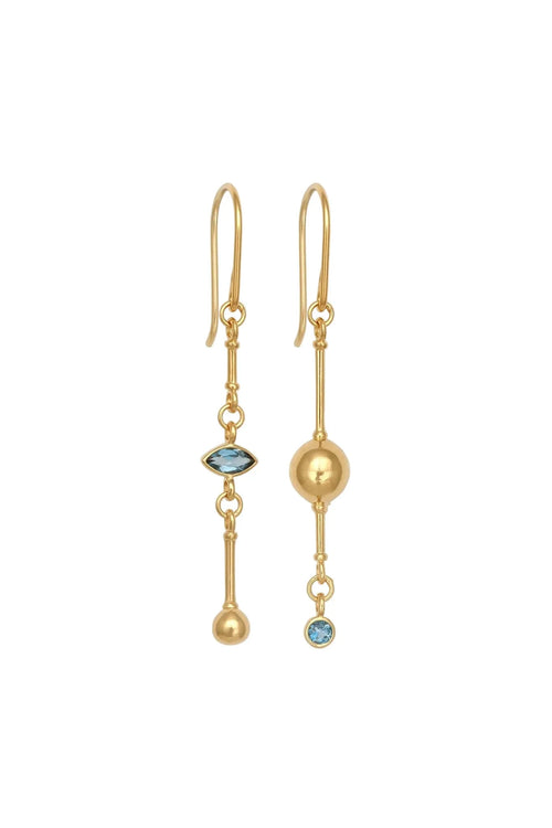 Gold earrings with blue gemstones on a white background