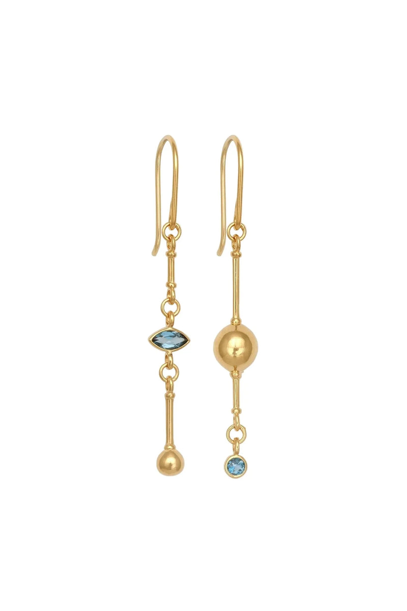 Gold earrings with blue gemstones on a white background