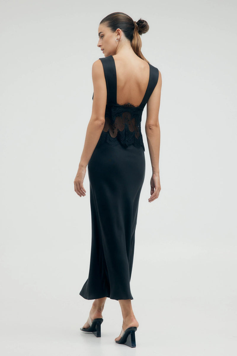 Visions Lace Deep V Maxi Dress Ebony