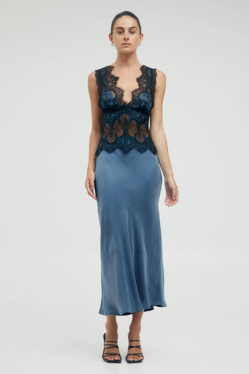 Visions Lace Deep V Maxi Dress Sapphire